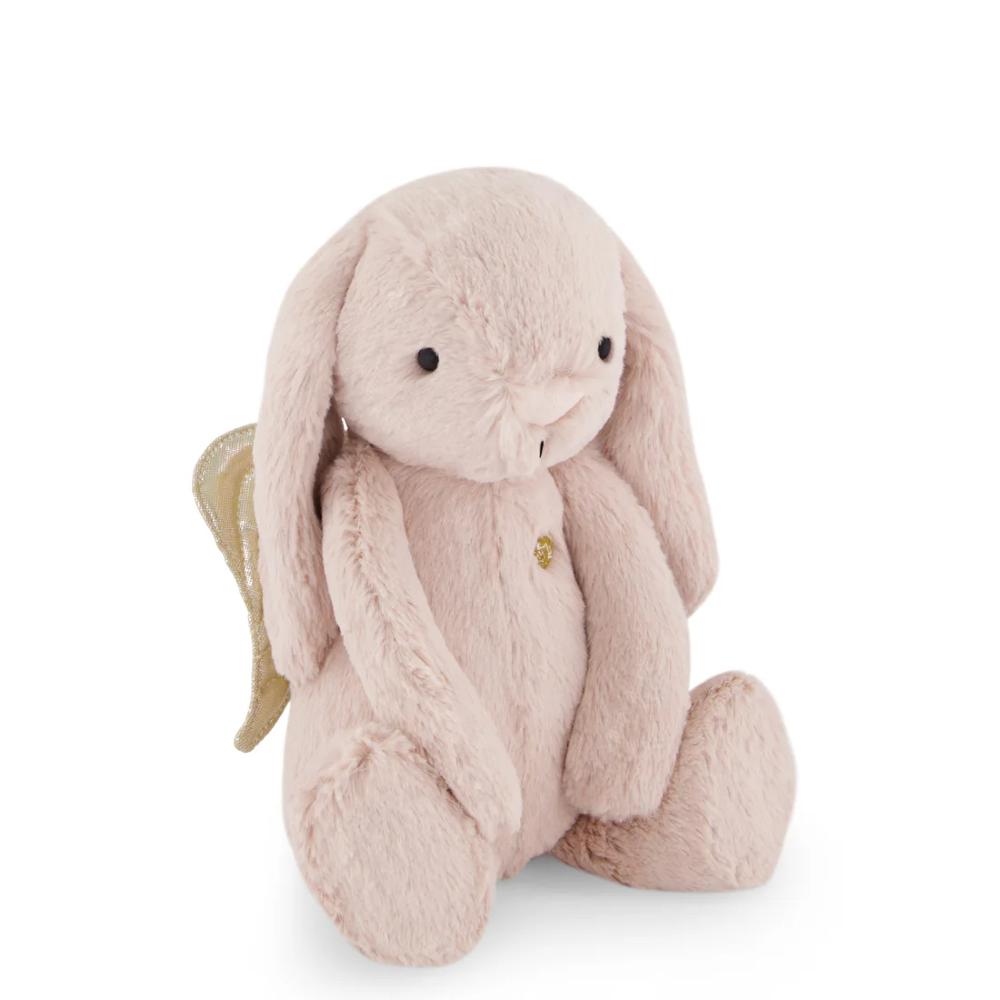 Pink Jamie Kay bunny soft toy with glittery gold wings against white background.