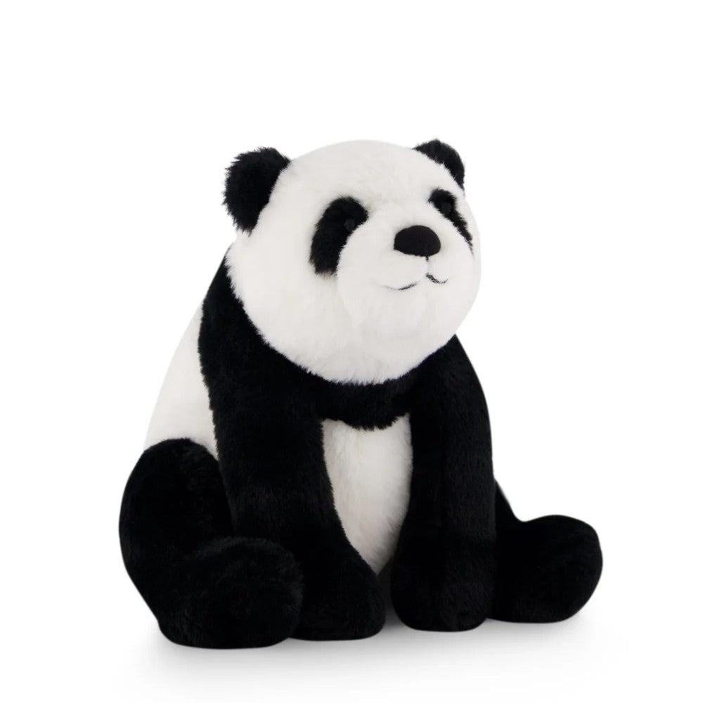 Jamie Kay black and white panda soft toy against white background.