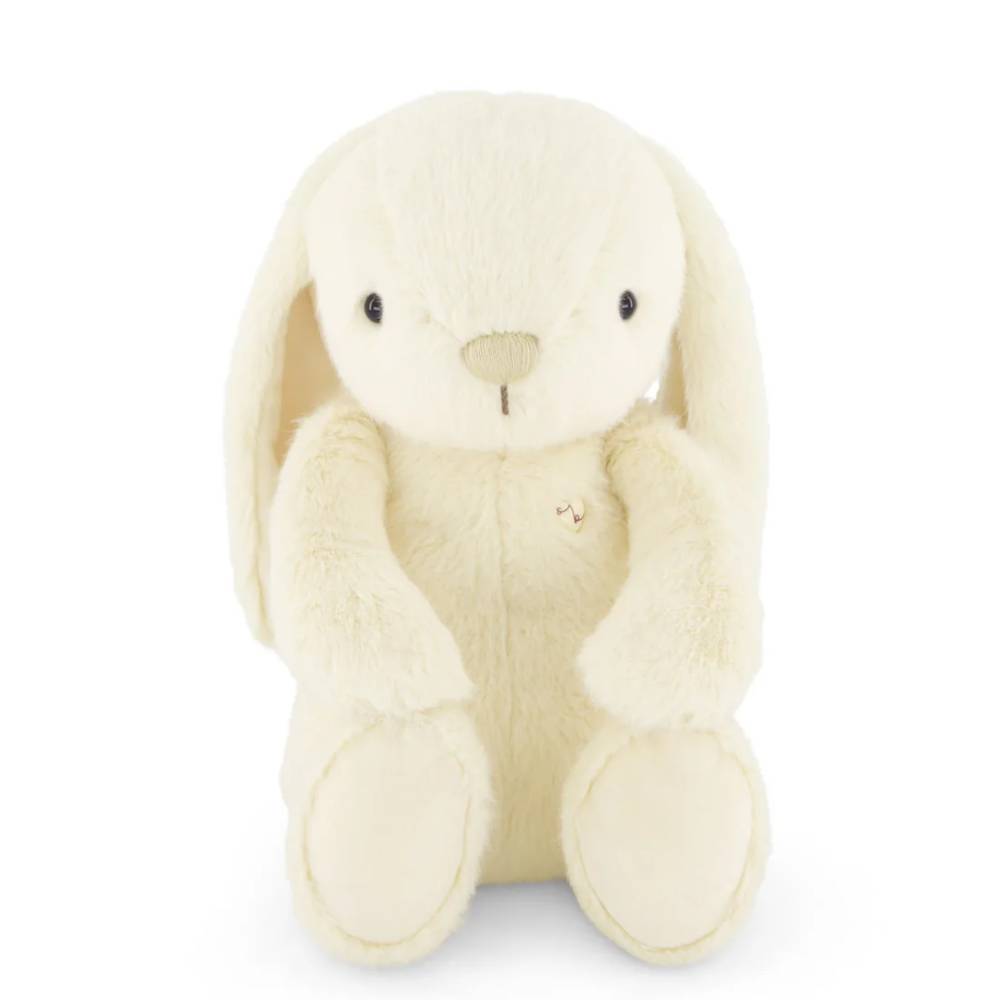 Light yellow Jamie Kay bunny soft toy against white bakground.