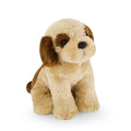 Brown and beige Jamie Kay dog soft toy against white background.