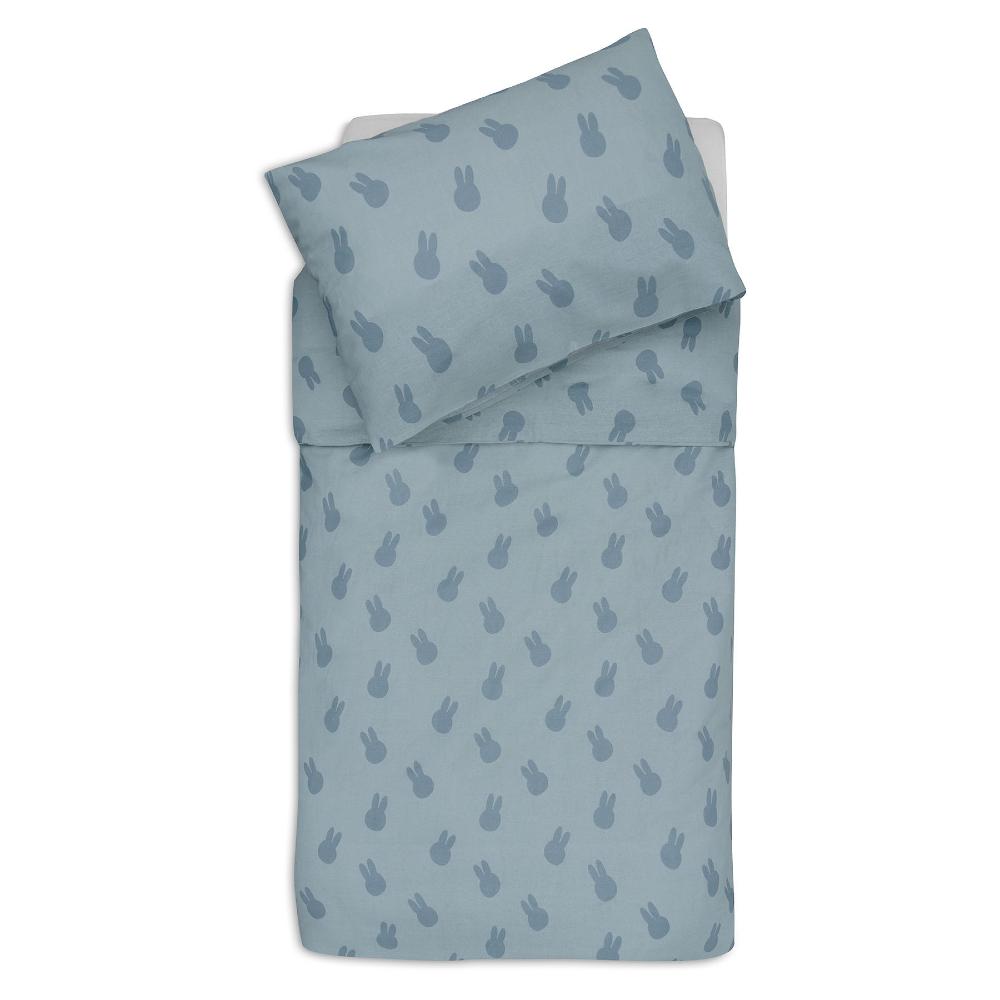 A light blue bedding set featuring a duvet cover and pillowcase with a repeating dark blue bunny silhouette pattern, shown on a plain white background.