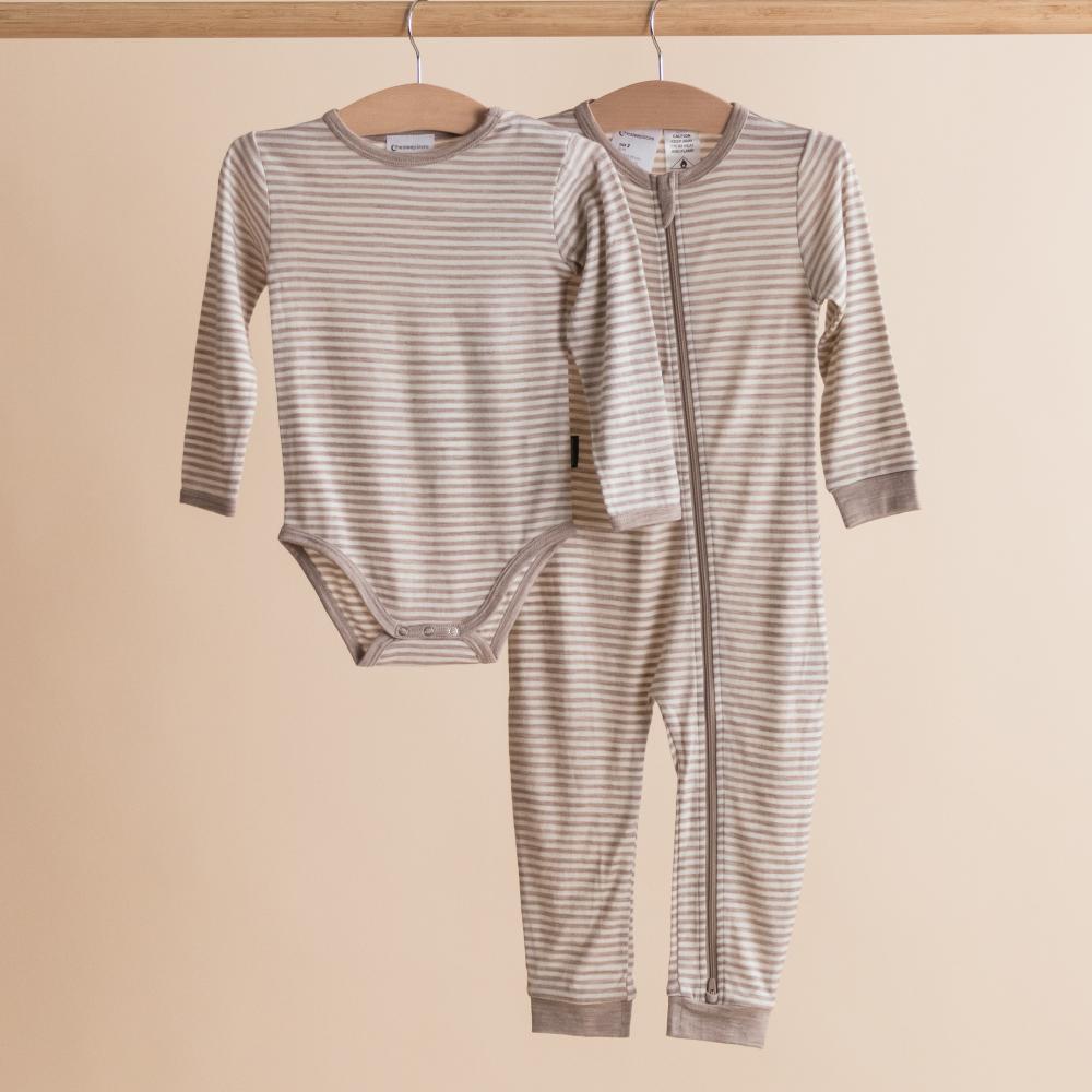 Merino Jersey Long Sleeve Bodysuit - Oat Stripe