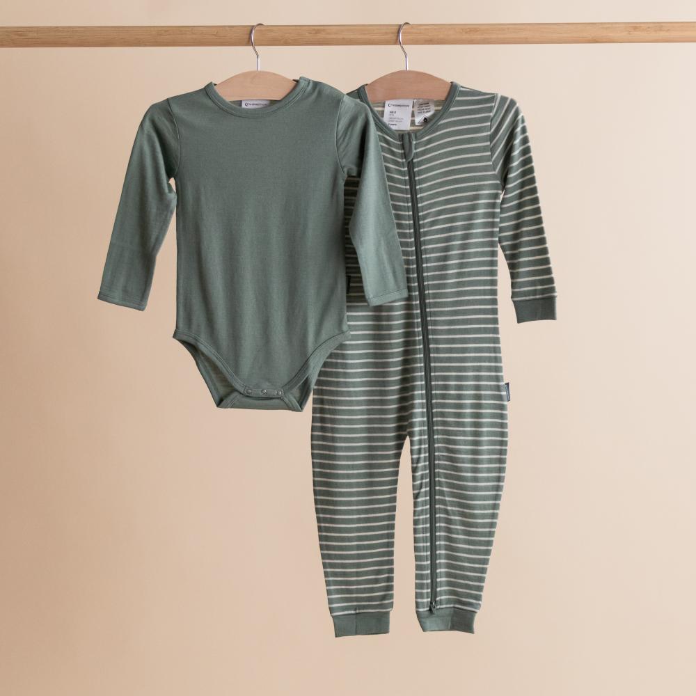The sleep store merino striped zip suit hanging up