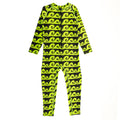 Full Neon Swimsuit with Half Zip in Neon Green Waves pattern on a white background