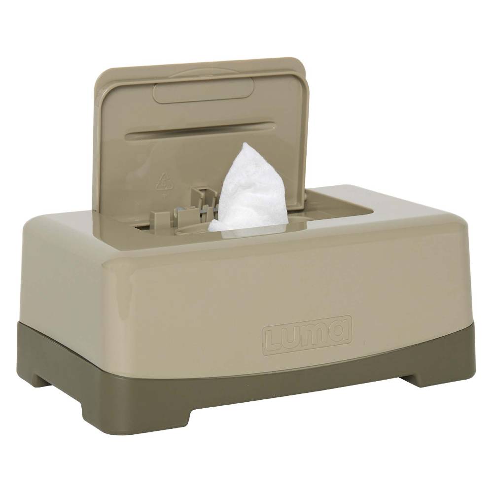 Olive Green LUMA Wipes Box on a white background. One-hand opening, keeping baby wipes clean and moist.