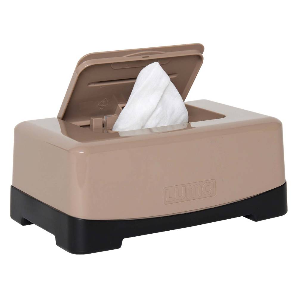 Desert Taupe LUMA Wipes Box on a white background. One-hand opening, keeping baby wipes clean and moist.