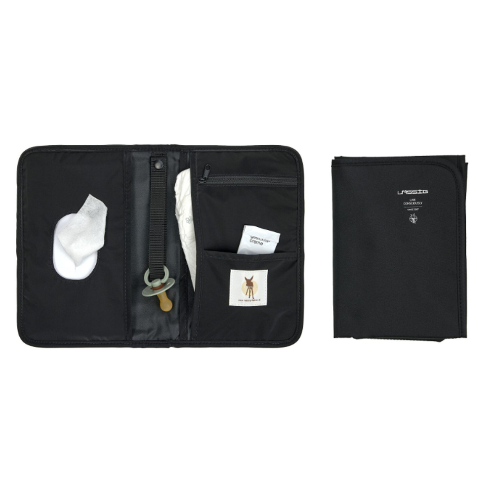 Black diaper bag with baby items and a matching pouch on a white background