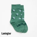 Green floral crew merino socks on a white background