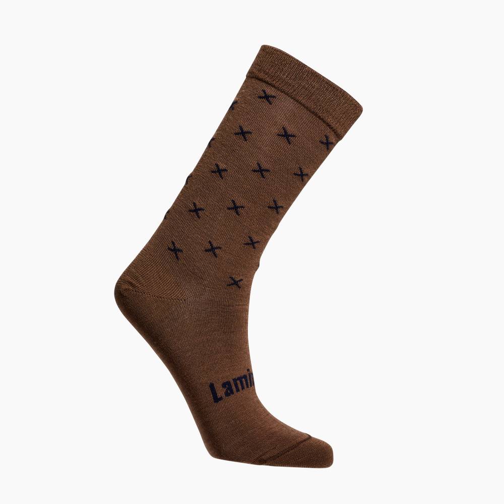 Brown with X crew socks on a white background
