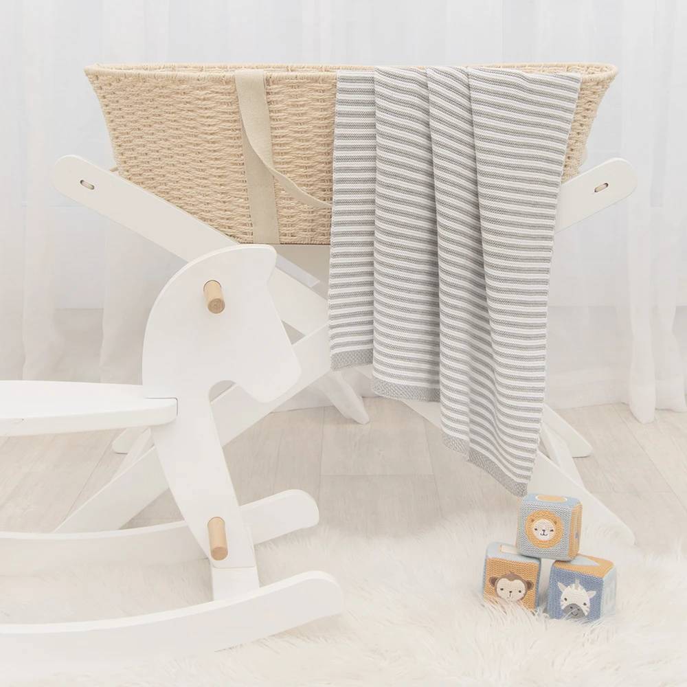 Cotton Knit Stripe Blanket - Grey/White Stripe