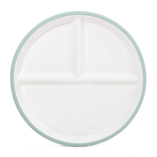 Blue Litill Lapsi divided plate against white background.