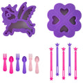 A children's purple and pink plastic bento accessory set on a white background, including a unicorn-shaped spoon, a flower-shaped mold, five utensils, and five star-topped picks.