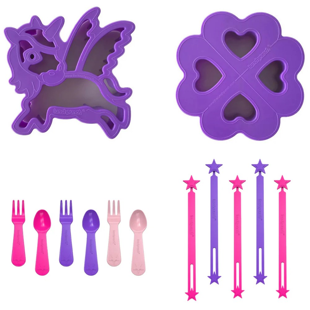 A children's purple and pink plastic bento accessory set on a white background, including a unicorn-shaped spoon, a flower-shaped mold, five utensils, and five star-topped picks.