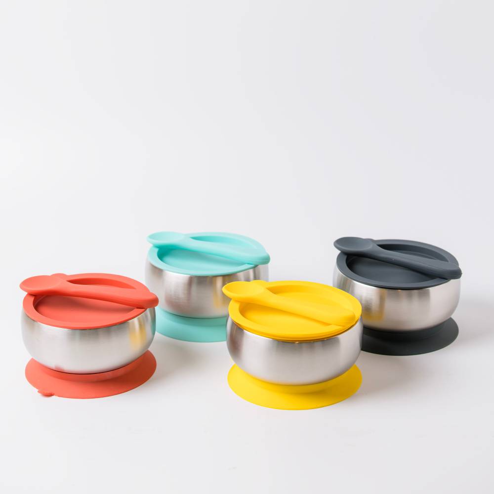 Stainless Steel Feeding Bowl & Spoon - Fuchsia Pink