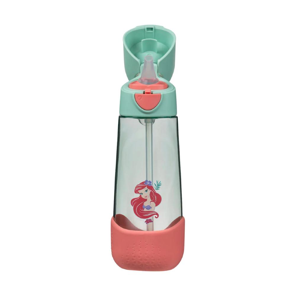Children's water bottle with a pink and green design on a white background
