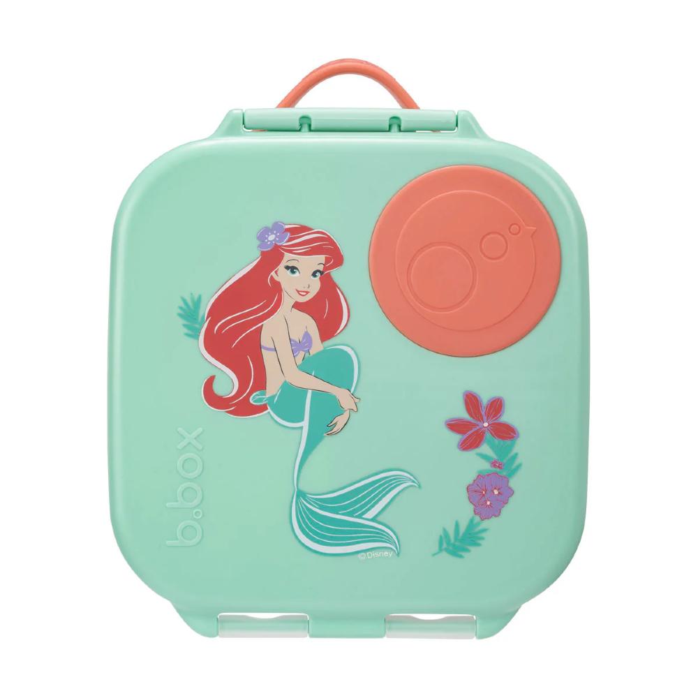 Mint green lunchbox with a mermaid design on a white background