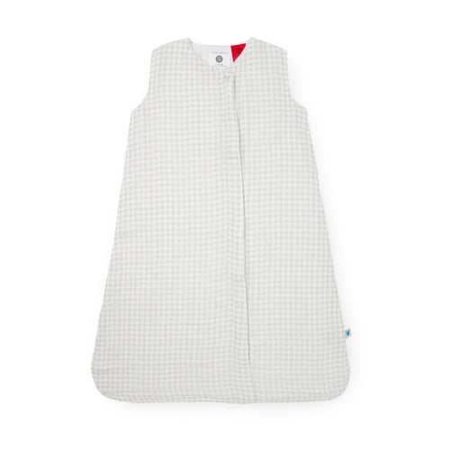 Tan gingham cotton muslin baby sleeping bag on a white background