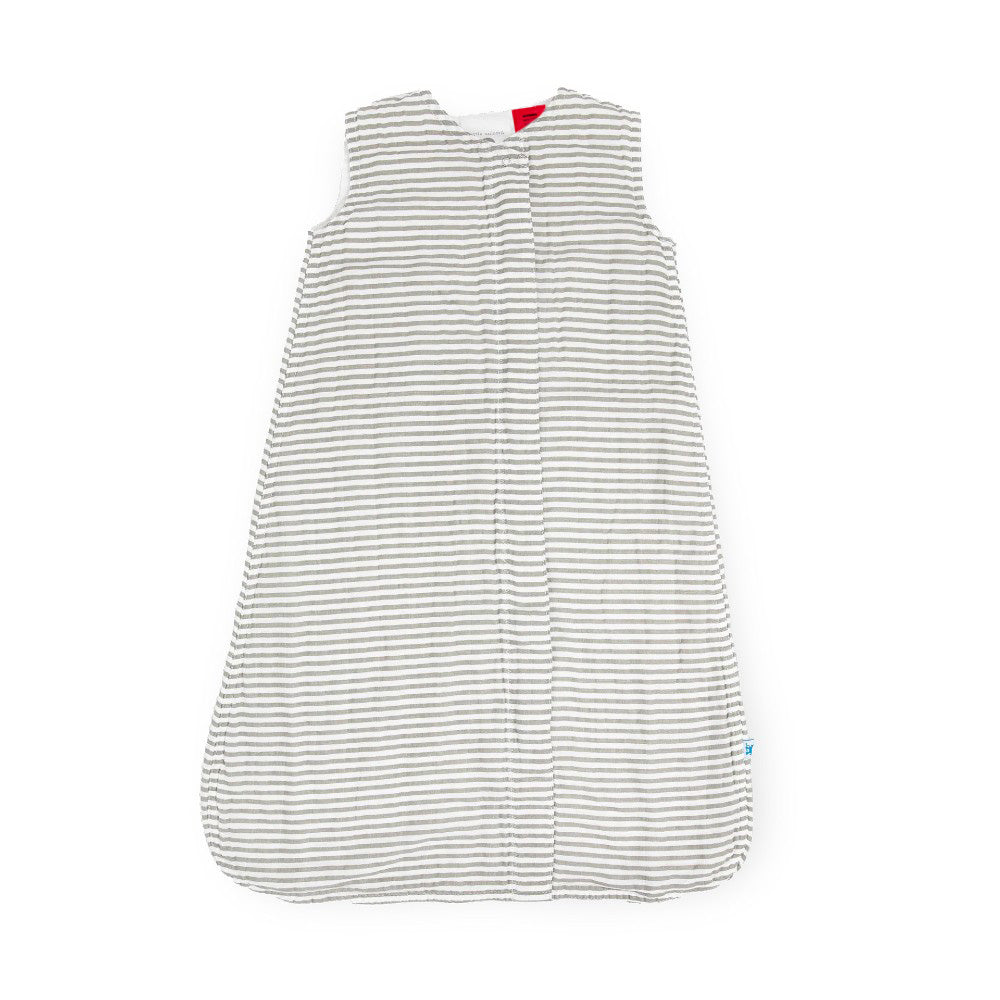 Cotton muslin sleeping bag in striped grey and white pattern on a white background
