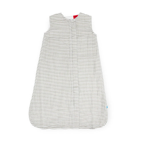 Cotton muslin sleeping bag in striped grey and white pattern on a white background