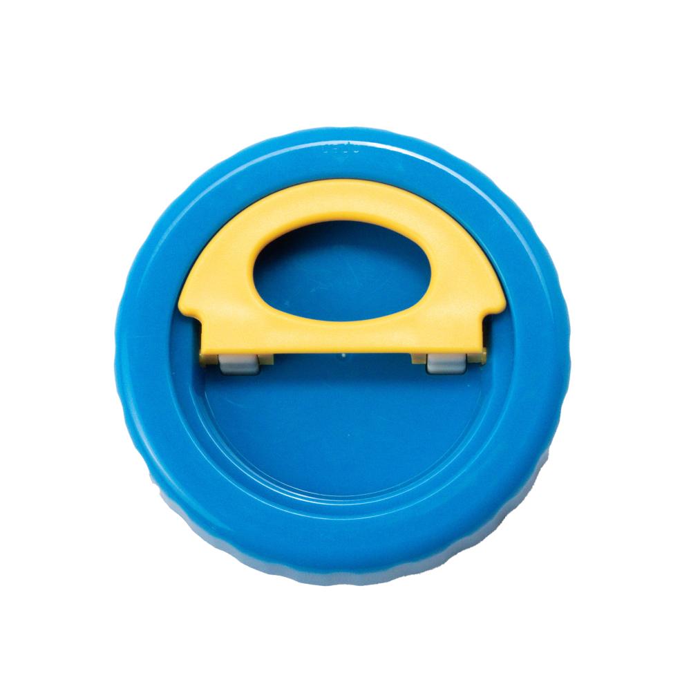 Blue lid with a yellow handle on a white background