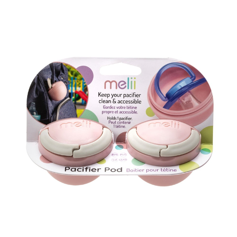 Packaging of melii pacifier pods with two pink pacifiers on a white background