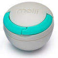 Round pacifier container with a teal lid featuring the brand 'meliii' on a white background