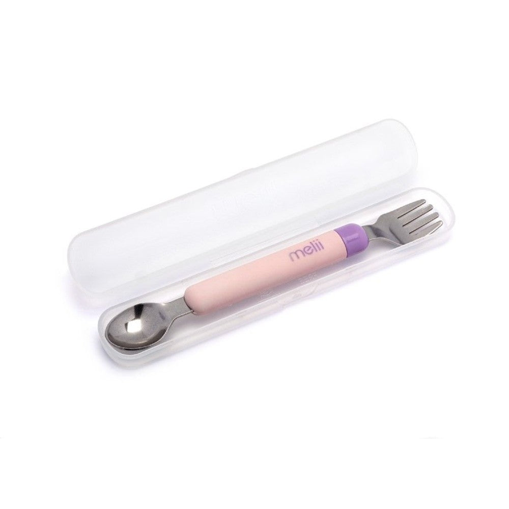 Set of spoon and fork with pink handle in a clear case on a white background