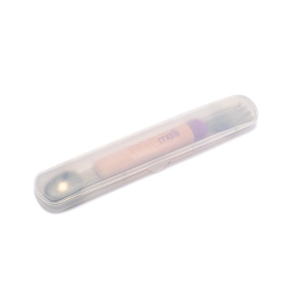 Clear plastic case with a pink item inside on a white background