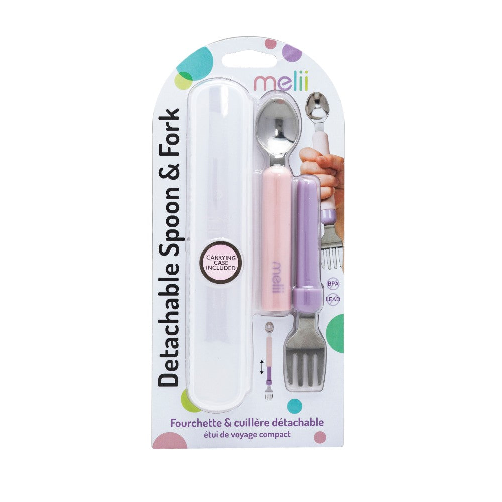 Packaged detachable spoon and fork set with pink handle and purple handle, brand 'melié' visible.