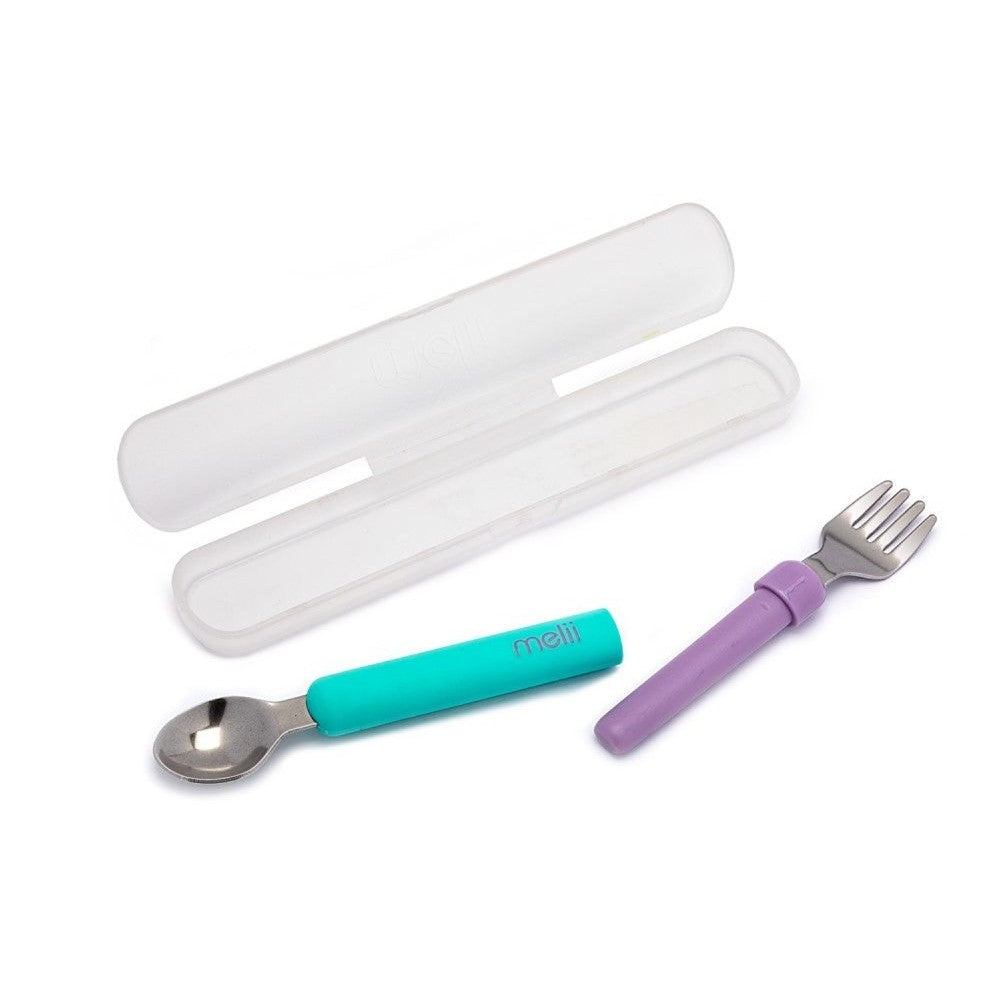 Children's fork and spoon set with turquoise handle and purple grip on a white background