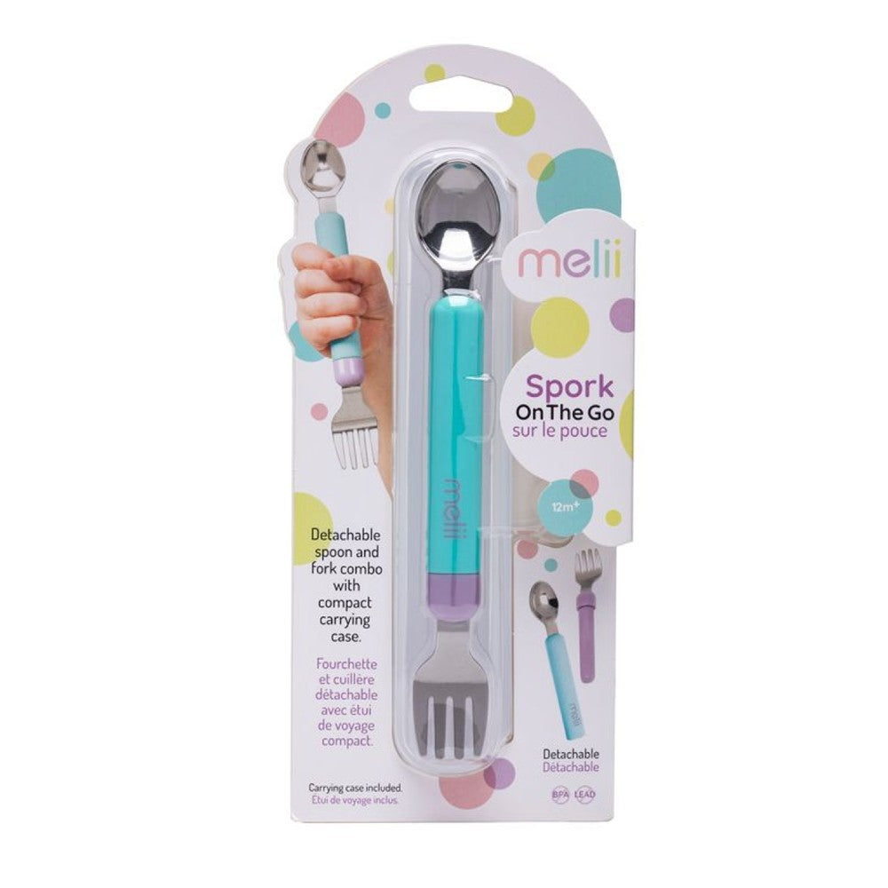 Spork set with packaging featuring a hand holding the spork, brand 'melii' visible