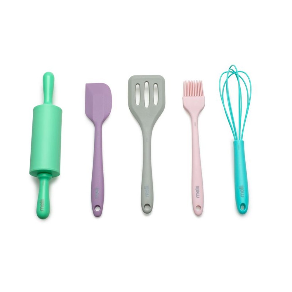 Set of colorful children's kitchen utensils including a rolling pin, spatula, brush, and whisk on a white background.