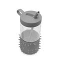 Clear drink container with gray lid and spiky base on a white background