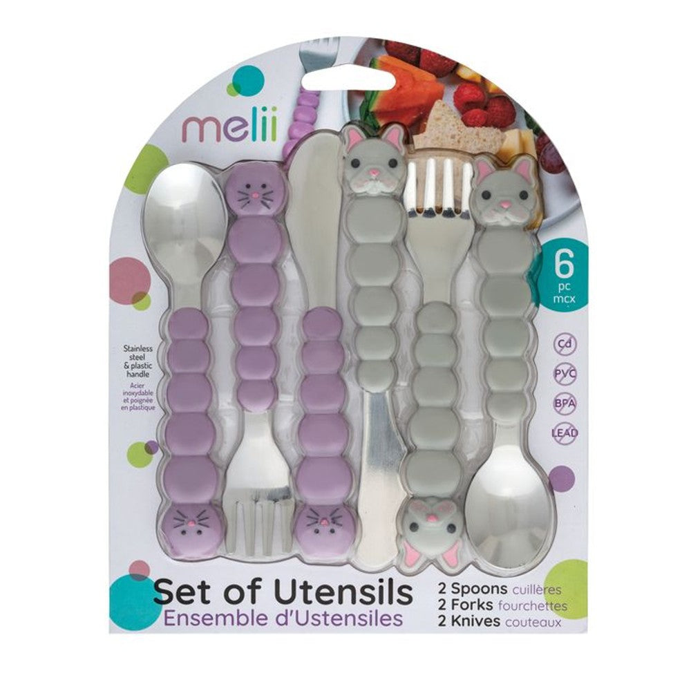 Packaged set of children's utensils with cartoon animal handles on a white background