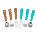 Toddler cutlery set with 6 pieces with bear and shark shape handles on white background