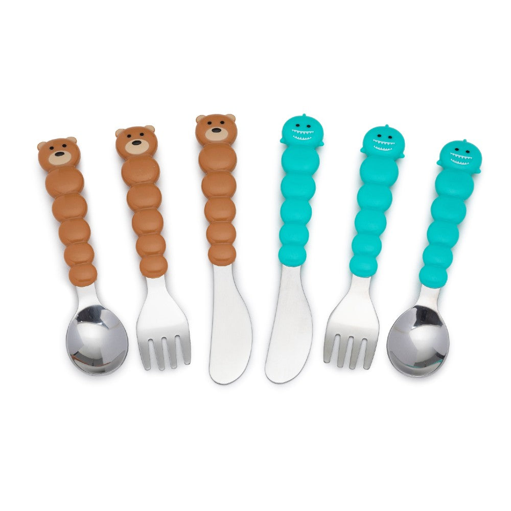 Toddler cutlery set with 6 pieces with bear and shark shape handles on white background