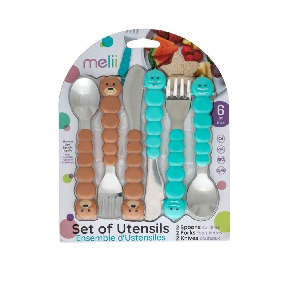 Packaged set of children's utensils with bear design on a white background