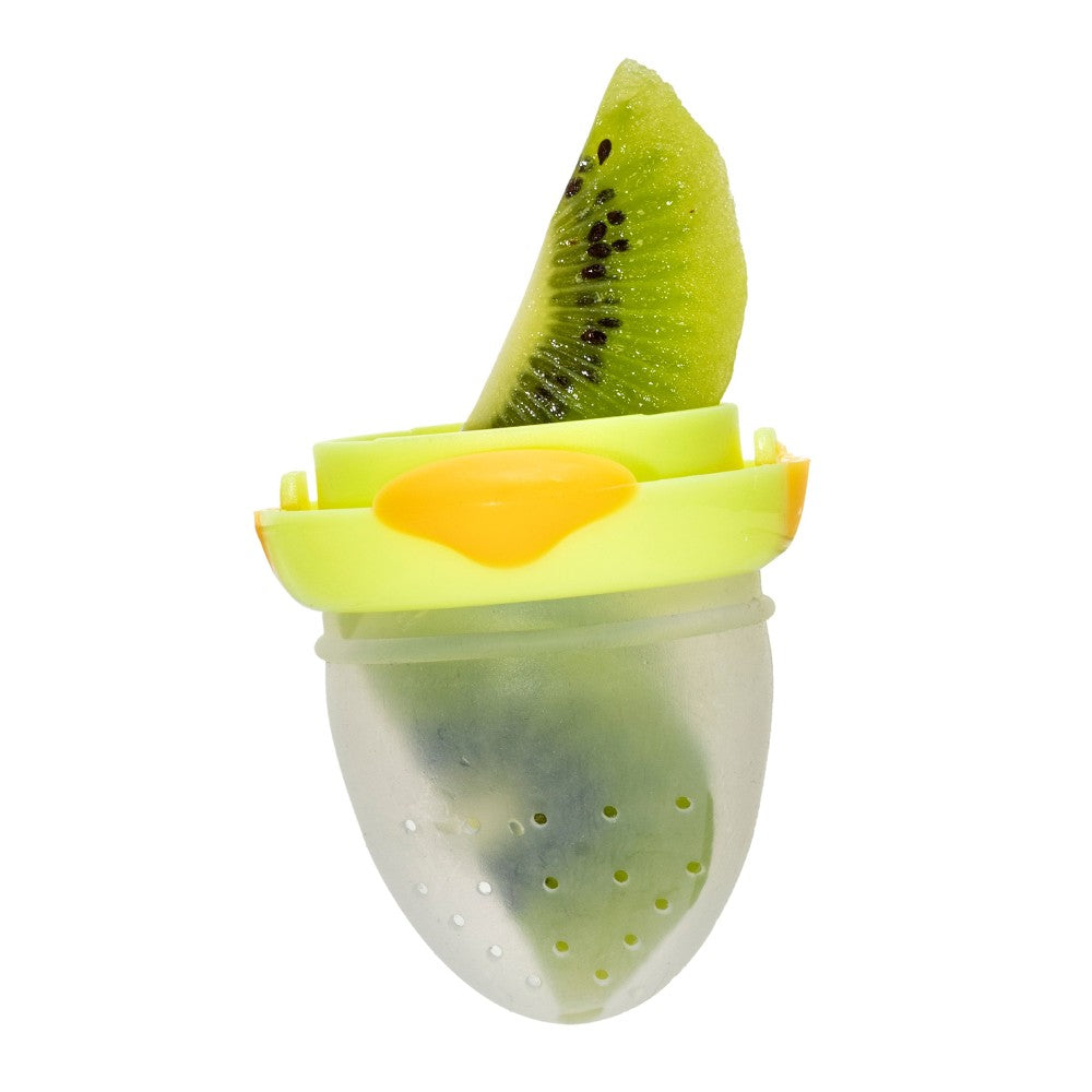 Duck shaped baby fresh food  feeder w kiwi fruit on a white backgroundth