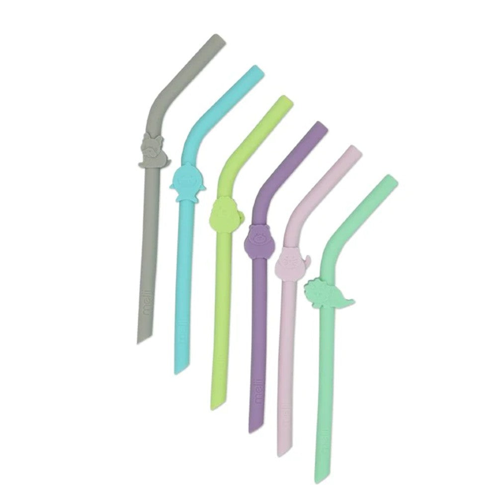 Set of animal shaped melii colorful silicone straws on a white background