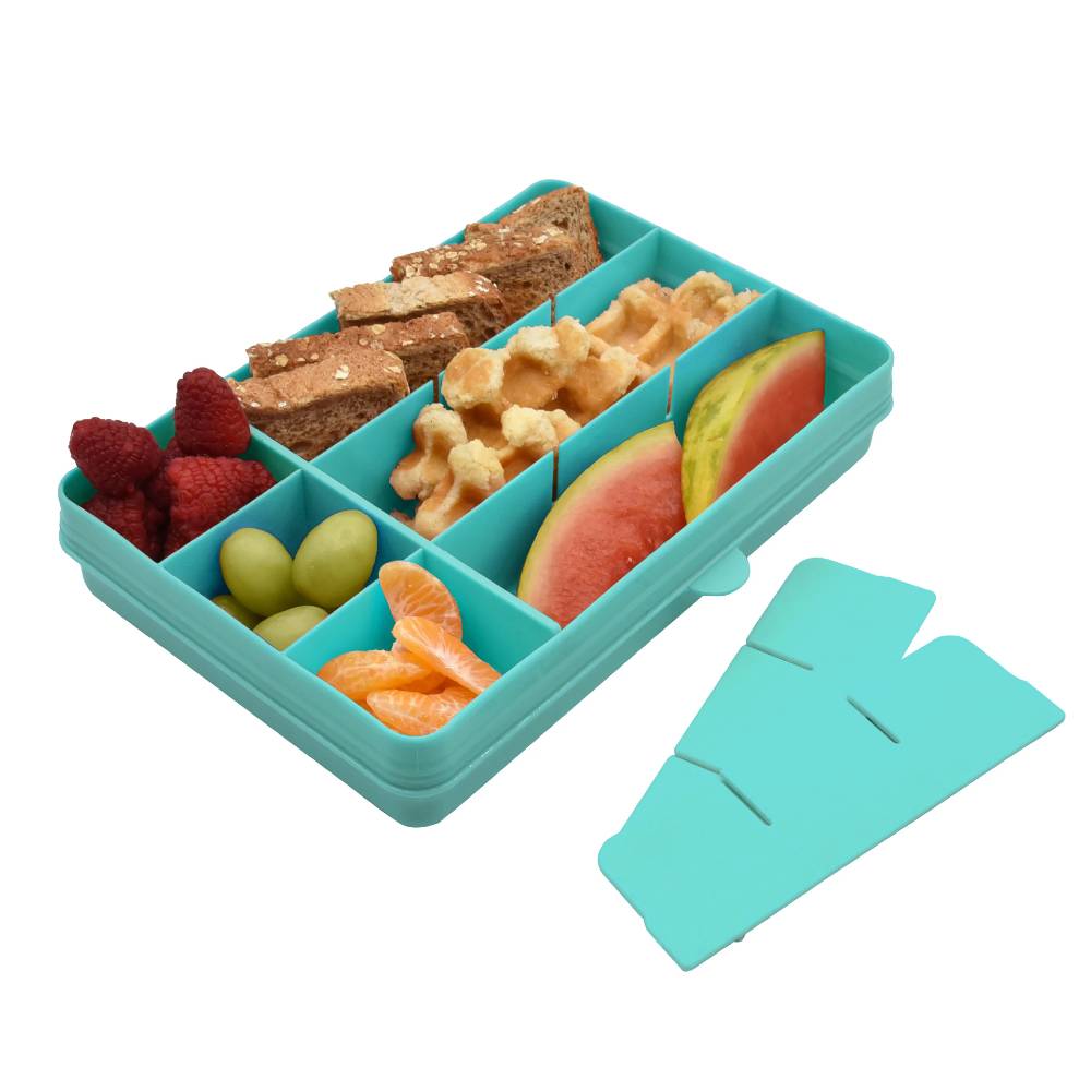 Turquoise bento box with compartments filled with snacks on a white background