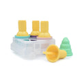 Colorful Melii icecream plastic cups with a white truck shaped base on a white background