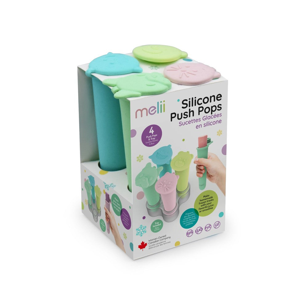Packaging of melii silicone push pops with colorful handles on a white background