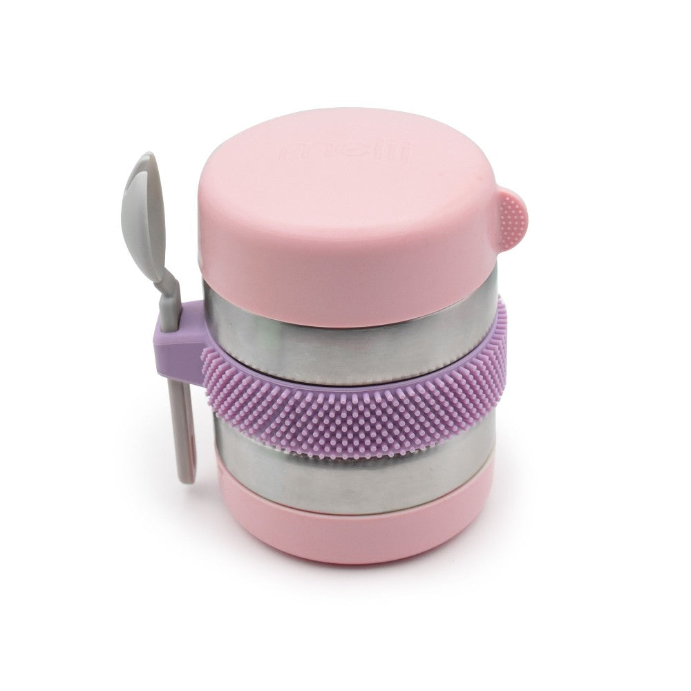 Insulated food jar for children with a lid and spoon on a white background