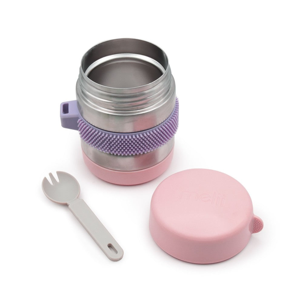 Pink and purple thermos with a fork on a white background