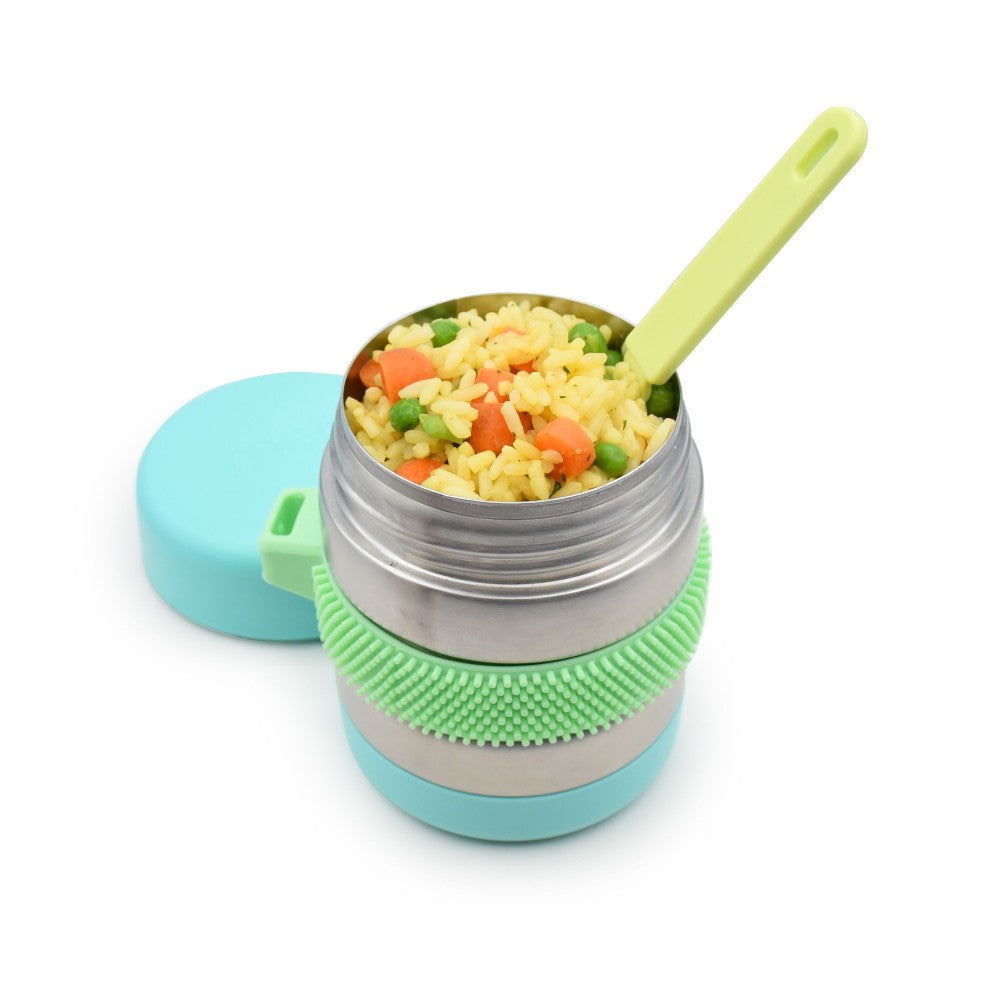 Green and blue thermos with food and a spoon on a white background