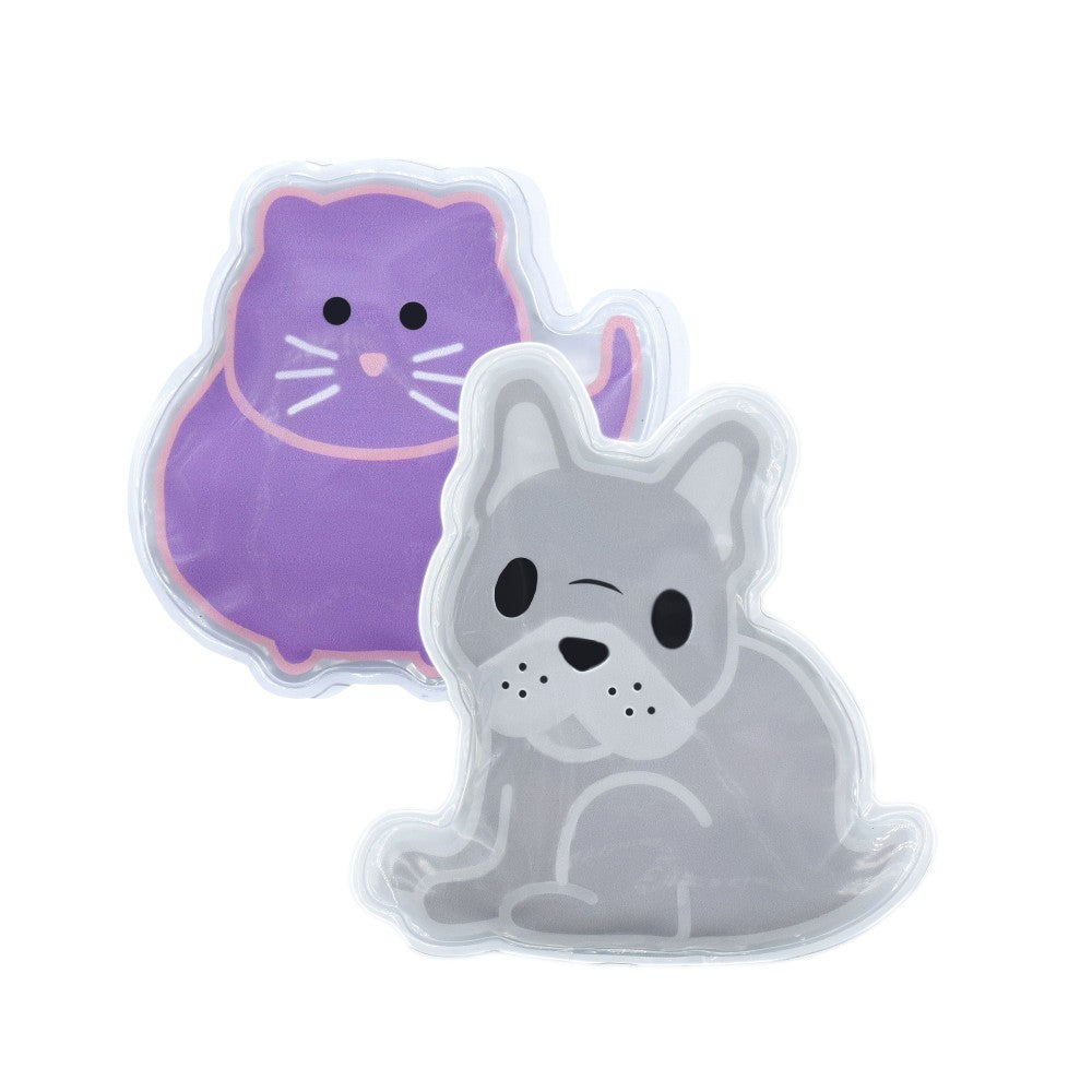 Two cartoon-style animal-shaped gel ice packs, one purple and one gray, on a white background.