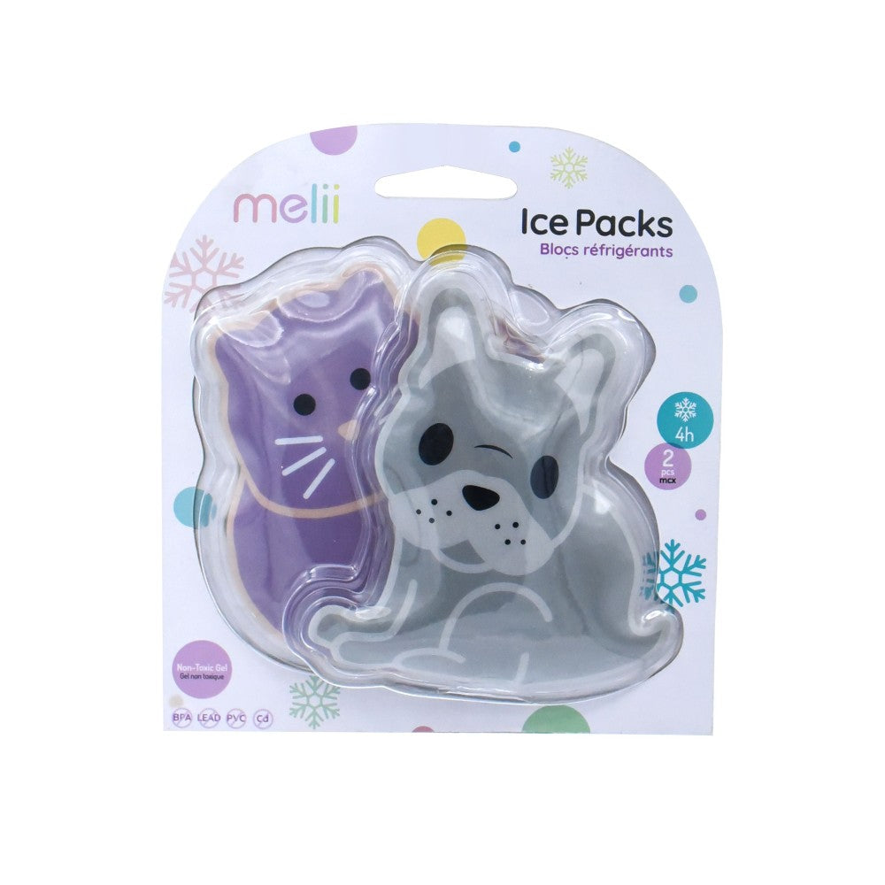 Ice pack with cat and dog shapes in packaging labeled 'melii'.
