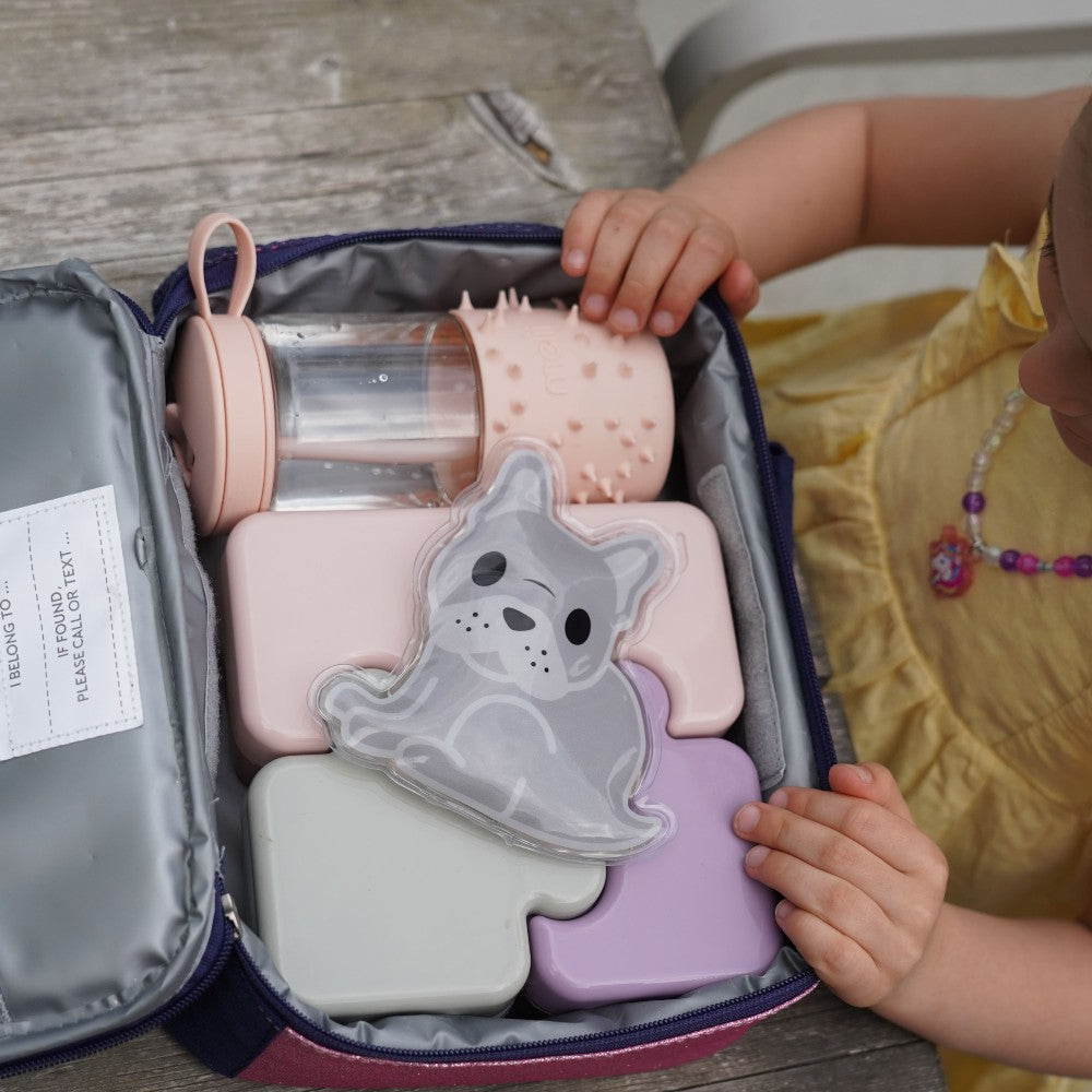 Child holding a lunch bag with ice pack, drink bottle and lunch bento box