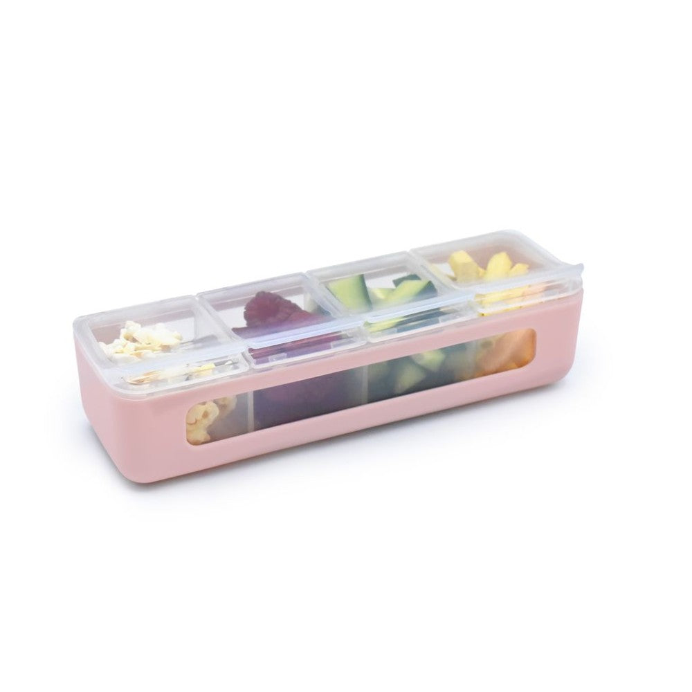 Pink compartmentalized container with food items on a white background