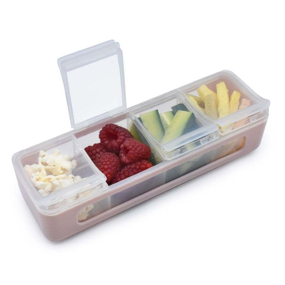 Rectangular snack container with compartments filled with snacks on a white background